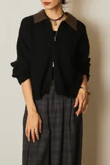 杢ストレッチフェイクレザー衿ニットブルゾン　ブラック　新品　ESICA エシカ　アウター　レディース