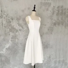 スクエアネックバルーンフレアワンピース ウェディングドレス 二次会 花嫁ドレス 白ワンピース　結婚式/二次会ファスナー ミモレ丈ドレス フリル/サテン 清楚なウェディング ウェディングドレス 披露宴  1195