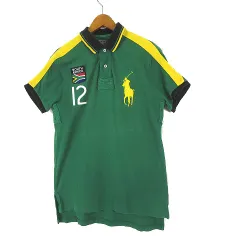 ポロ ラルフローレン POLO RALPH LAUREN ポロシャツ ビッグポニー 南アフリカ ナンバー ワッペン 刺繍 コットン 鹿の子 半袖 S 緑 グリーン 黄 イエロー 黒 白