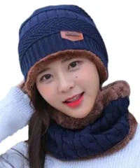 [ReiLuana] [レイルアナ] ネック ウォーマー ニット 帽子 キャップ ビーニー 防寒 保温 アウトドア 男女兼用 暖かい 人気 可愛い お洒落 カッコいい マフラー ストール 頭 首 伸縮性 小顔 効果 プレゼント クリスマス 冬 [ネイビー]
