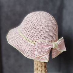 サマーハット：春夏用・リボン《ピンク×オフホワイト》ハンドメイド