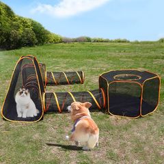 ペットプレイトンネルハウスキャットドッグラビットテント屋内/屋外ポップアップペットプレイペン折りたたみ式エンクロージャープレイペン猫の生息地の外ウサギと小動物 屋外猫用エンクロージャ猫テント、トンネル付きポータブル猫テント
