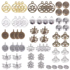 【特価商品】SUNNYCLUE　60個15種　チャーム　ロータス　ペンダント　ヨガ　ネックレス　オーム　蓮の花　合金　オブ　ライフ　蓮　チャーム　チャクラ　ヒーリング　仏教　パーツ　エネルギー　透かし　レイキ　癒し　瞑想　浄化　メタルビーズ　チベット風　ブロン