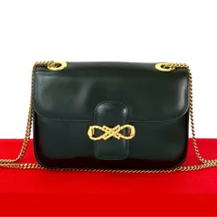 極 美品 CELINE セリーヌ ヴィンテージ リボン モチーフ 金具 カーフ レザー 本革 チェーン セミ ショルダーバッグ ポシェット 黒 54088