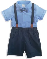 CHOOSEWAY 男の子 フォーマル 半袖 セットアップ おしゃれ着 子供服 サスペンダー 蝶ネクタイ 夏服 4点セット( ブルー,  110)