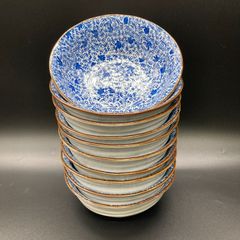 ★未使用品 陶器 リーフ柄 青 中鉢 唐草 深皿 ボウル 丸皿 10個セット まとめ売り セット売り★