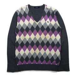 BURBERRY BLACK LABEL Vネック アーガイル ニット セーター M グレー 羊毛 ロゴ刺繍