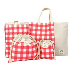 [HOPPE] 4点セット ホッペ 日本製 通園 通学 入園 準備 入園 入学 祝い 進学 祝い プレゼント ギフト お祝い 幼稚園 保育園 小学校 レッスンバック シューズ バッグ ケース 上履き袋 マチなし 巾着 (レッドチェック)