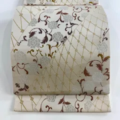 【美品】 袋帯 名品 花唐草 菱格子 ベージュ 六通 正絹 【中古】