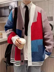 メンズ カーディガン Vネック 幾何学模様 秋冬用 ポリエステル ニット レギュラーフィット ミディアムストレッチ カジュアル アシンメトリー デザイン おしゃれ 韓国ファッション ストリート 防寒 トレンド 通勤 通学