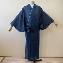 三花】本麻 洗える長襦袢 カラー襦袢 紺 水流 夏用長襦袢 リサイクル