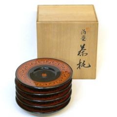 未使用 茶道具 文平堂作 木製漆器 金彩秋草蒔絵 銘々皿5客組 丸皿