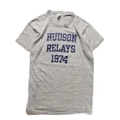 70’s ベルバシーン 3段プリント コットン レーヨン Tシャツ (L) 霜降り灰 バインダーネック シングルステッチ 70年代 旧タグ ビンテージ アメリカ古着 USED  ビンテージ ヴィンテージ