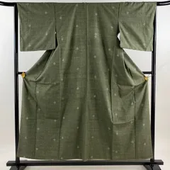 【美品】 結城紬 身丈156.5cm 裄丈65cm M 袷 奥順 はたおり娘 証紙 絣柄 幾何学模様 草木染 灰緑 正絹 逸品 【中古】