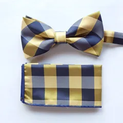 ①蝶ネクタイ　チーフ　セット　イエロー　グレー　チェック　結婚式　タキシード