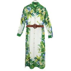 ZARA ザラ 花柄 長袖 ロング シャツワンピース S グリーン系 レディース 古着