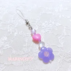 韓国 フラワービーズストラップ／パープル(NO.397)