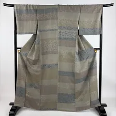 小紋 身丈164cm 裄丈67.5cm L 袷 草花 横段 灰茶 正絹 美品 名品 【中古】