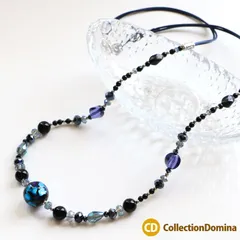 当店オリジナル 大ぶり ホタルガラス ロング丈 ネックレス 紐ネックレス ビーズ アジャスター付き ブルー ネイビー 青色 紺色 ブラック 黒色 シルバー ロジウム レディース アクセサリー ma