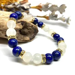 ラピスラズリ&ムーンストーン パワーストーン ブレスレット 天然石 (ゴールド) 8mm レディース 女性  数珠ブレス 開運 プレゼント ギフト  [d]