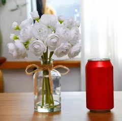 【TK036】花瓶付きラナンキュラス造花8個 花瓶に入った小さなフェイクフラワーパック シルクフラワーアレンジメント 室内装飾用 (ホワイト)