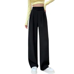 [ウェアビー] ベロクロ タックワイドパンツ ハイウエスト ストレート ボトムス レディース ロングパンツ 丈長め 長ズボン 大きいサイズ 通勤 スラックス Wタック センタープレス ワイドレッグ ガウチョパンツ マジックテープ ゆった [ブラック] [XL]