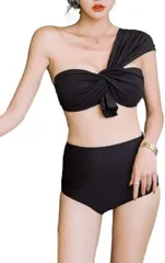 ISLAYCAOLILA ビキニ 水着 ワンショルダー フロント リボン スイムドレス ハイウエスト パッド入り ワイヤーなし セパレート レディース CG5 黒( ブラック,  L)