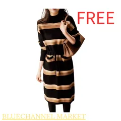 配色 ボーダー ウエスト絞り ニット ワンピース