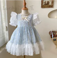 超可愛い  お姫様ドレス 2023 夏  女の子 キッズ 誕生日 子供  ベビー ロリータ チュール パーティー 婚式 ワンピース ブルー