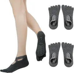 TOPIKE ピラティス 靴下ヨガソックス 5本指 滑り止め レディース 通気性 耐久性 抗菌 防臭 冷房/汗対策 バレエ スポーツ ウェア(ダークグレーx2,  22.5-25.0 cm)