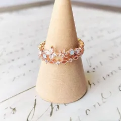 088M【ピンクゴールド/ダイヤ】フリーリング　カラーストーン　フラワー　エタニティ　華奢　小ぶり　上品　大人　落ち着いた　エレガント　清楚　普段使い　フォーマル　結婚式　デート　レディース　ギフト　プレゼント　高見え　フリーサイズ　オープンリング　重ね付け