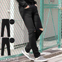 スキニーパンツ メンズ ダメージパンツ クラッシュ 膝 スタッズ【スタッズダメージスキニーパンツ】ボトムス スキニー スリム 細身 ブラック 黒 無地 ストレッチ バンド ロック パンク V系 ホスト モード シンプル 美脚 aa-2868