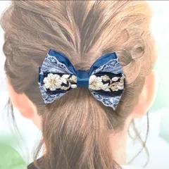 インド刺繍　リボン　レース　ヘアゴム　ネイビー