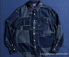 ★2025 最新 パッチワークデザイン カットオフ デニムシャツ インディゴブルー 藍染 M～2XL メンズ オーバーサイズ ワークシャツ★T697