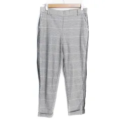 ザラ トラファルック ZARA Trafaluc イージーパンツ テーパードパンツ ロング丈 サイドライン ロールアップ グレンチェック柄 S 白 黒 ホワイト ブラック /FF34