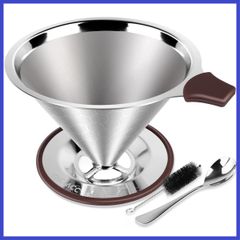 FACIACC コーヒードリッパー コーヒーフィルター ステンレスフィルター スローコーヒー ドリップ 2層メッシュ 一体式 洗浄用ブラシとスプーン付き ペーパーレス 目詰まりしにくい 円錐 軽量 くり返し使える 3～4杯用シルバー (125mmセルラー網)