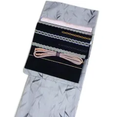 夏用 4点セット 着物セット 夏用 4点セット 洗える 小紋 正絹夏帯（絽：グレー：笹柄：Mサイズ）着物/八寸なごや帯/帯揚げ/帯締め お茶 お花 お稽古 着付け