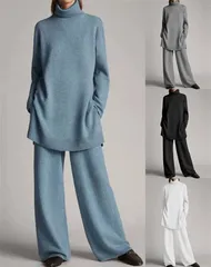 ニット 2点セット レディース 新作 パンツセット ハイネック セーター 長袖 無地 プルオーバー セットアップ ロング パンツ 春 秋 冬 ワイ