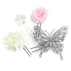髪飾り 成人式 振袖 前撮り 袴 花 ４点セット シルバー 薄ピンク ピンク 桜色 ラメ 蝶 蝶々 浴衣 髪型 ヘアスタイル ヘアアレ No.9-3749