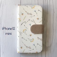 iPhone12mini ケース 手帳型★北欧風 ボタニカル フラワー