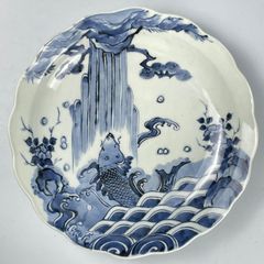 723 染付　鯉　滝登り　登竜門　古伊万里　伊万里焼　骨董　アンティーク　尺皿　大皿