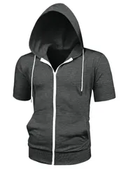 Lars Amadeus パーカー スウェットシャツ パーカ フード付き 半袖 ジッパー メンズ ダークグレー M