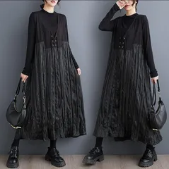新品 2026新作 【希少個性】デザイナー　豪華な黒のドレス　大きいサイズ　ワンピース　ロング　レディース 異素材　秋冬 プリーツ　長袖