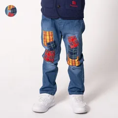 moujonjon チェックパッチワークデニムロングパンツ　m55001