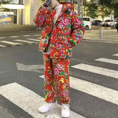 種類58：M/I：赤トップ 秋冬 コーデ メンズ  服 シンプル ファッション オシャレ 大人 かっこいい 大きいサイズ ストリート 紳士服 花 ジャケット アウター 綿服 ユニセックス 男女共 綿 カラー プリント レディース