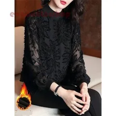 ブラウス レディース 秋冬 40代 シフォンブラウス 厚手 シャツ 長袖 カットソー シャツブラウス トップス 黒 レース 着痩せ お洒落 大人 シ