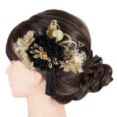 髪飾り 成人式 つまみ細工 玉飾り カスミソウ シフォンジョーゼット パールビーズ 房 ゴールド 振袖 前撮り 袴 花 葉 黒 ダー No.9-5543