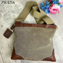 【良品】 PRADA プラダ ショルダーバッグ トートバッグ デカロゴ ジャガード 刺繍 シルバー金具 ネームタグ 総柄 ロゴ型押し キャンバス レザー 肩掛け ユニセックス レディース メンズ ベージュ 肌色 ブラウン 茶色