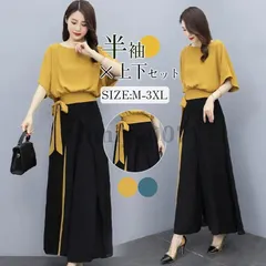 セットアップ レディース 夏 上下セット ワイドパンツ カットソー ブラウス 半袖 カジュアル 無地 リボン ガウチョパンツ 体型カバー 着痩