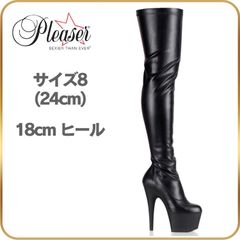 24 cm Pleaser プリーザー ニーハイブーツ サイハイブーツ 黒 ブラック ブーツ 厚底 つや消し合皮 18cm ヒール ピンヒール ポールダンス コスプレ ハイヒール ストレッチ 18センチ ヒール 靴 ADORE-3000 即納